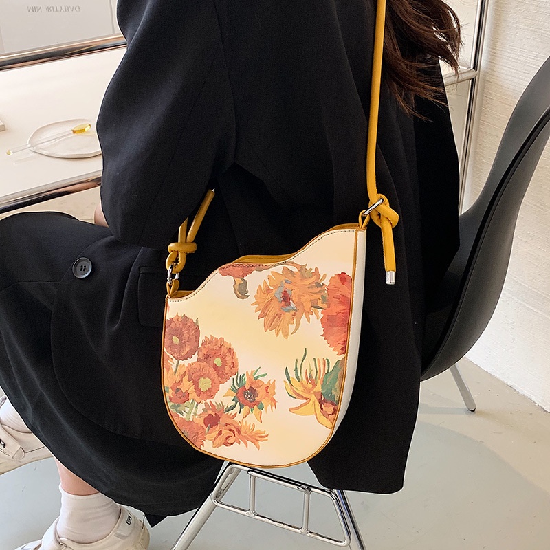 Niche Túi Đeo Vai / Kẹp Nách / Đeo Dưới Cánh Tay Họa Tiết Tranh Sơn Dầu Hoa Hướng Dương Màu Tương Phản Cho Nữ