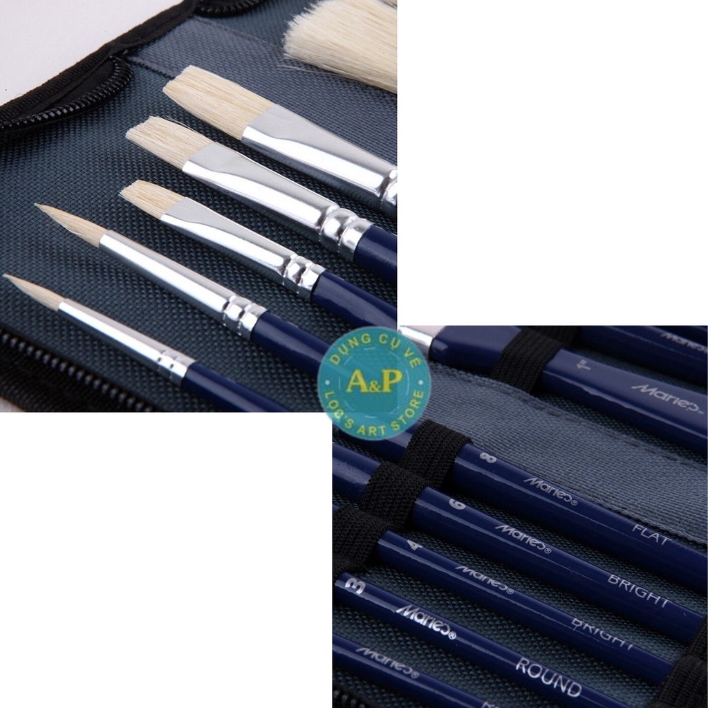 Cọ bộ 10 cây Marie's vẽ Sơn dầu lông Lợn cứng kèm túi đựng (oil brush)