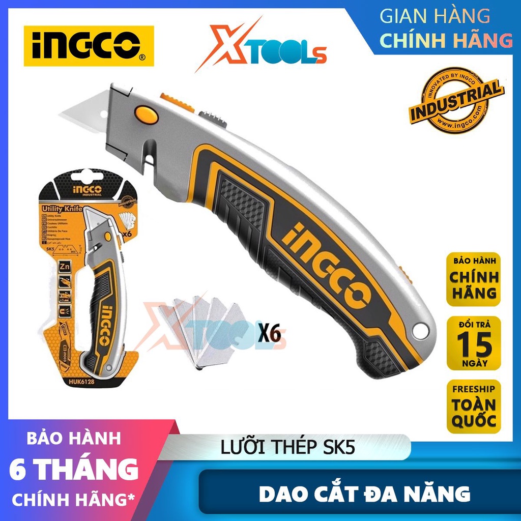 Dao cắt rọc đa năng Ingco HUK6128 Lưỡi SK5, Kích thước lưỡi dao: 61x19mm, Kèm theo 5 lưỡi [CHÍNH HÃNG][XTOOLs]