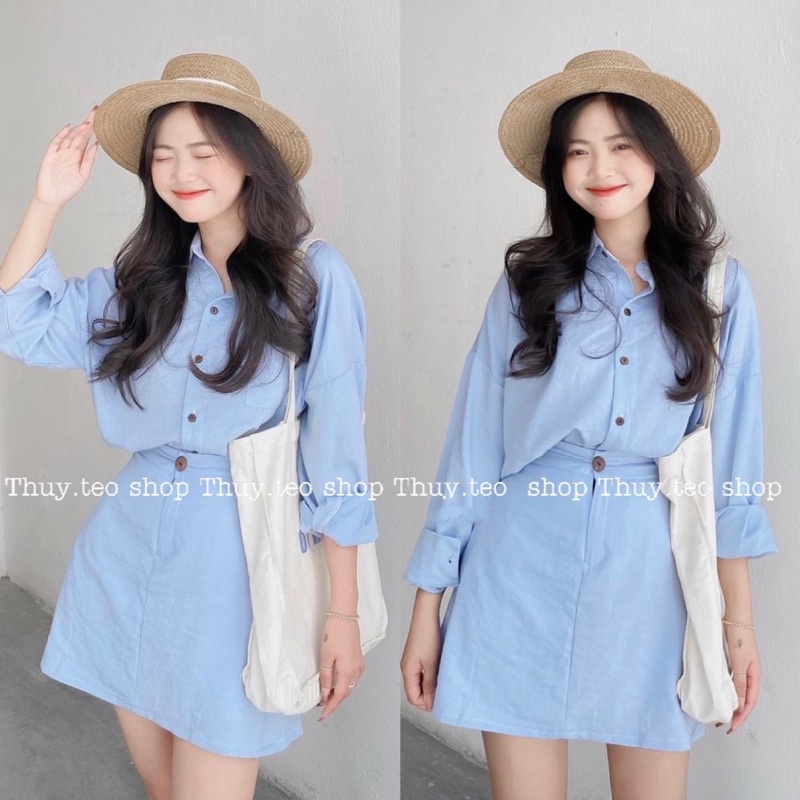 [Hàng sẵn] SET ĐŨI ÁO SƠ MI DÀI TAY CHÂN VÁY CHỮ A CẠP CHUN SAU