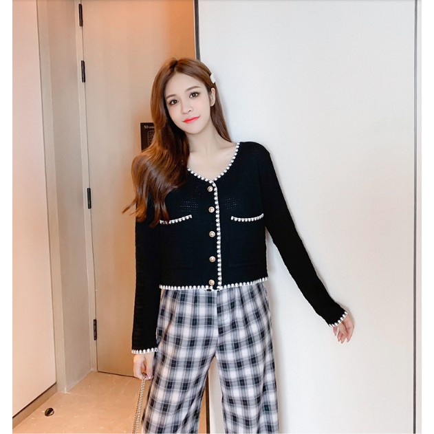 Áo Cardigan Dài Tay Cổ V Dệt Kim Dáng Croptop 2 Màu Đen, Trắng Hàn Quốc Ulzzang | WebRaoVat - webraovat.net.vn