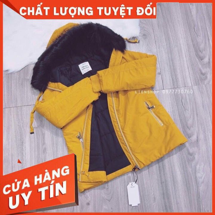 Aó Khoác Nữ Kaki Mũ Lông Hàng Quảng Châu, áo màu vàng bên trong có trần bông dày