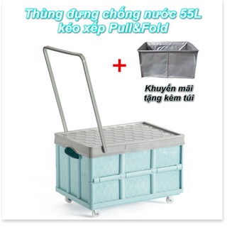 Thùng đựng chống nước 55L có bánh xe kéo xếp gọn Pull&Fold + Tặng kèm túi chống thấm - Cao cấp