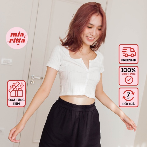 Áo croptop cổ tròn thun tăm cài khuy trước Mia Ritta A2085