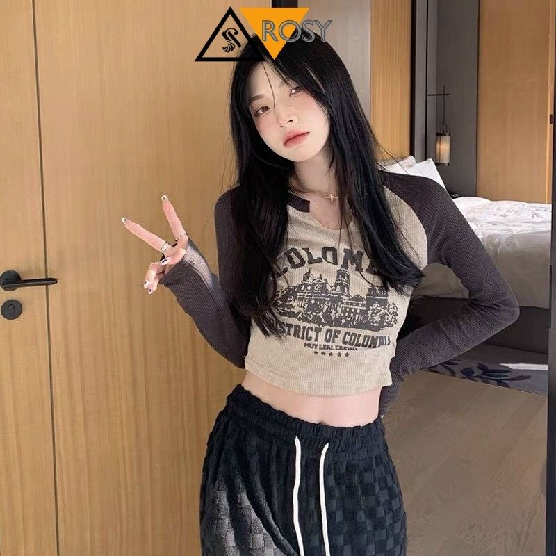 Áo croptop tay dài in hình màu sắc lạ mắt cá tính
