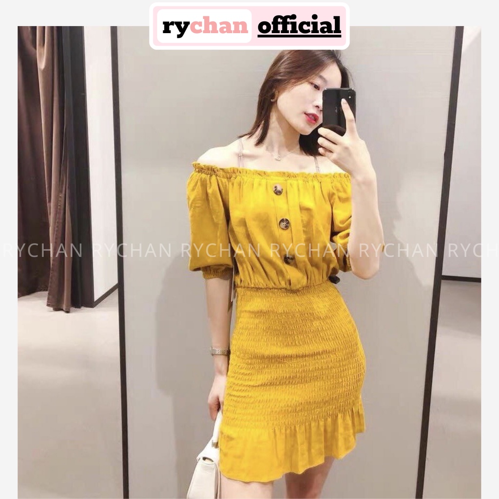 DX597 - Đầm Xòe Vàng Đuôi Bèo Nhún Chỉ Trễ Vai Form Nhỏ