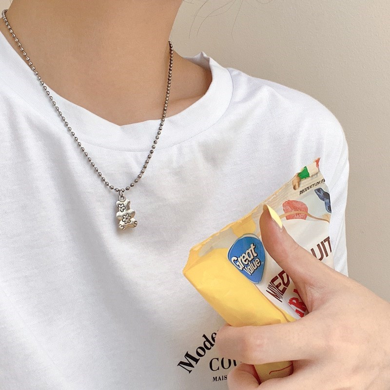 Vòng cổ choker bằng thép không gỉ mặt hình gấu dễ thương dành cho nữ