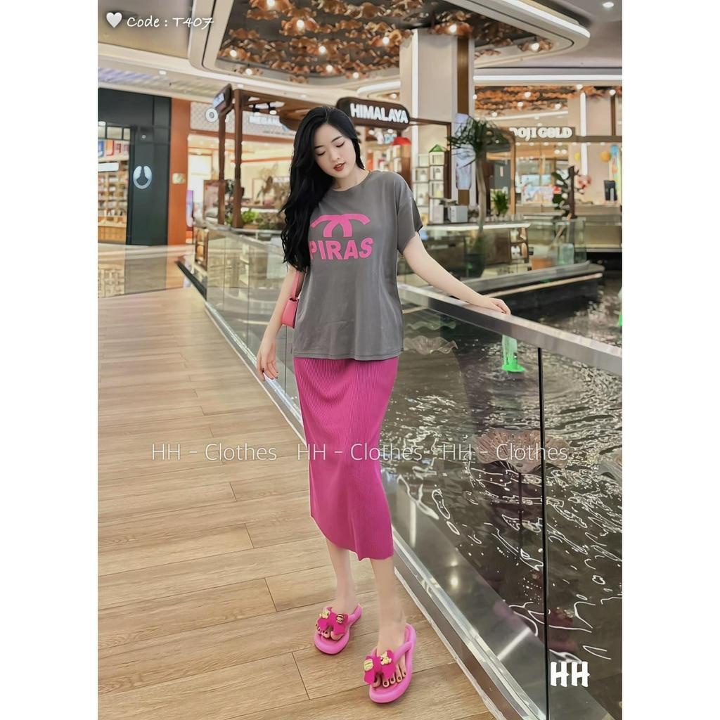 set áo thun form rộng logo chà neo to kèm chân váy dài gân đẹp