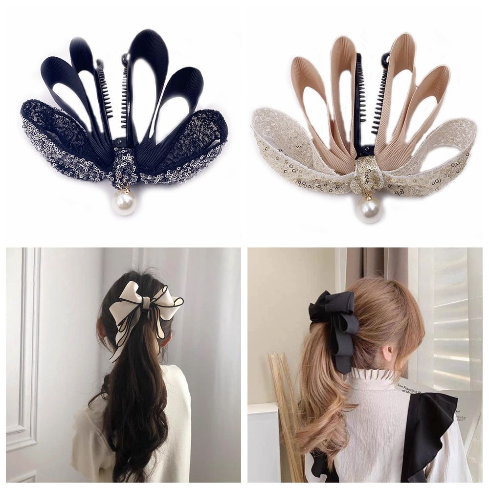 Kẹp tóc ruy băng thắt nơ đính ngọc trai xinh xắn cho nữ