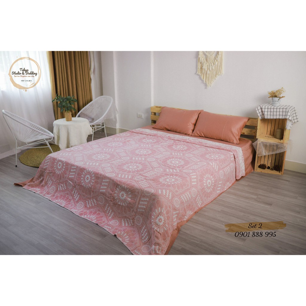 Set 02_ Chăn Xô Cotton Sợi tre Organic dòng Basic &amp; Ga gối Lụa
