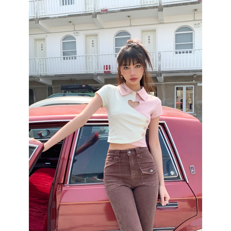 Áo thun polo ZHELIHANGFEI ngắn tay lưng cao thiết kế bất đối xứng phong cách quyến rũ