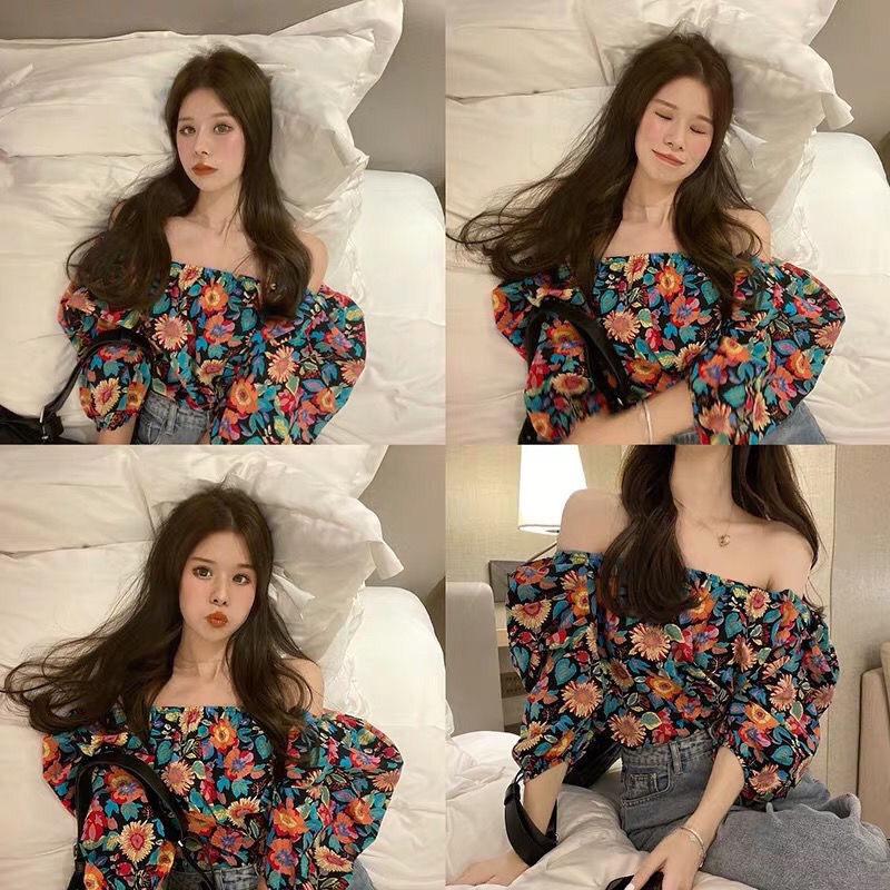 Áo Trễ Vai Tay Phồng Họa Tiết Hoa Hướng Dương Thời Trang Phong Cách Hàn Quốc Mới Cho Nữ