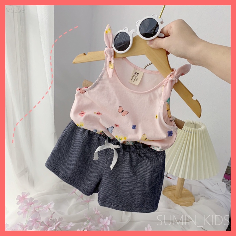 Set 2 dây cho bé gái - Quần áo trẻ em Sumin Kids - Áo buộc nơ hồng chất Cotton kèm quần