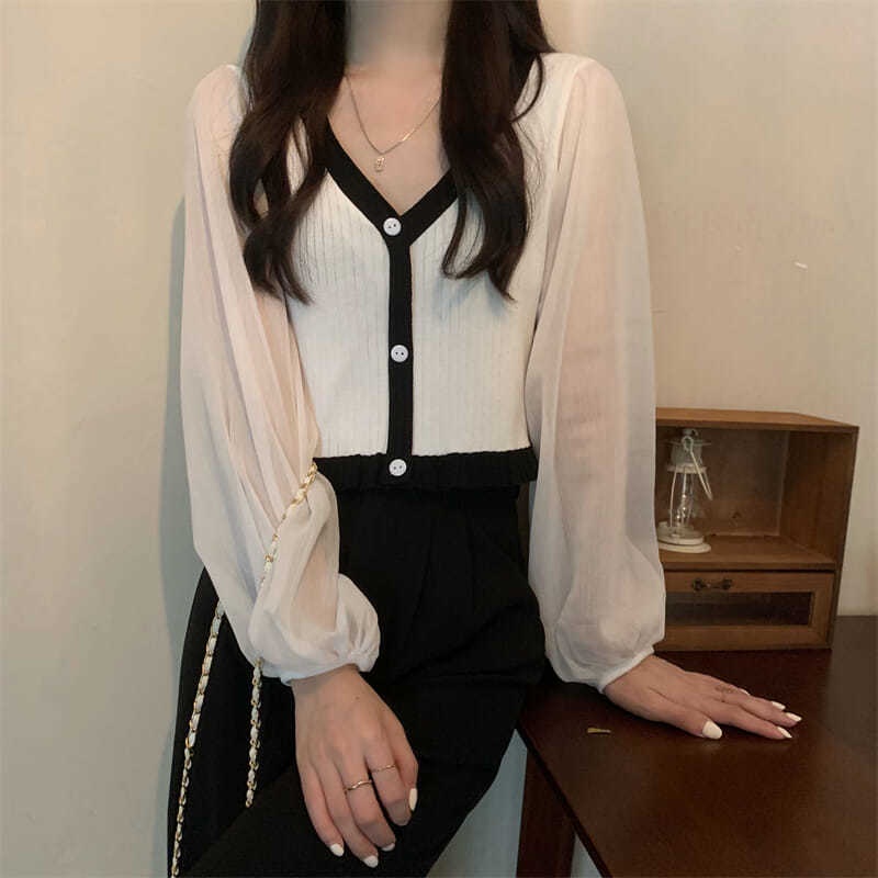 Áo Cardigan Tay Dài Phồng Cổ Chữ V Phối Lưới Họa Tiết Kẻ Sọc Thời Trang Hàn Quốc 2022 Mới Cho Nữ