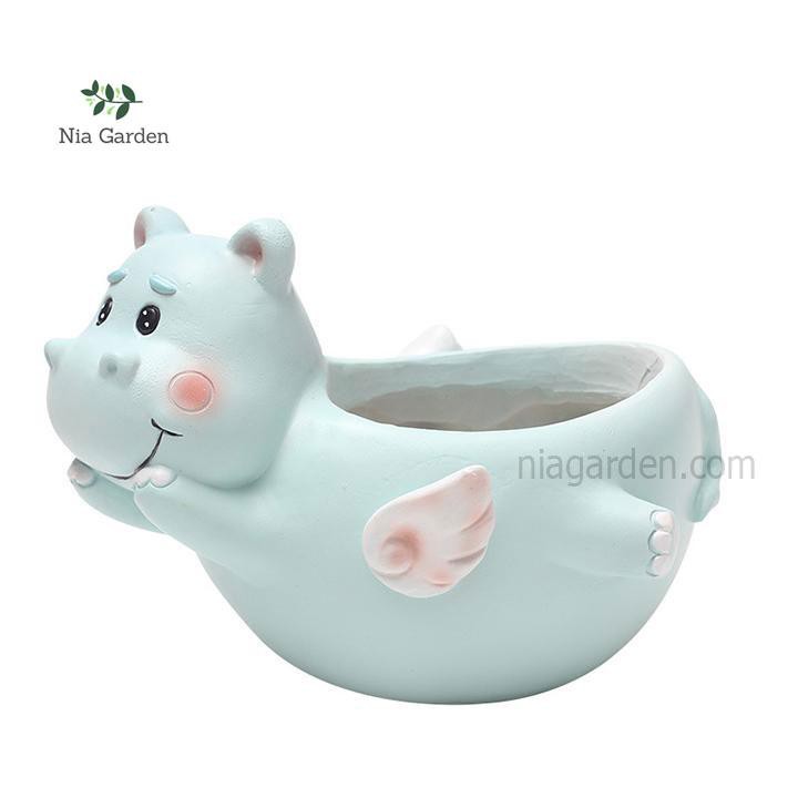 Chậu hình thú hà mã thiên thần trồng cây cảnh sen đá xương rồng mini Nia Garden N4