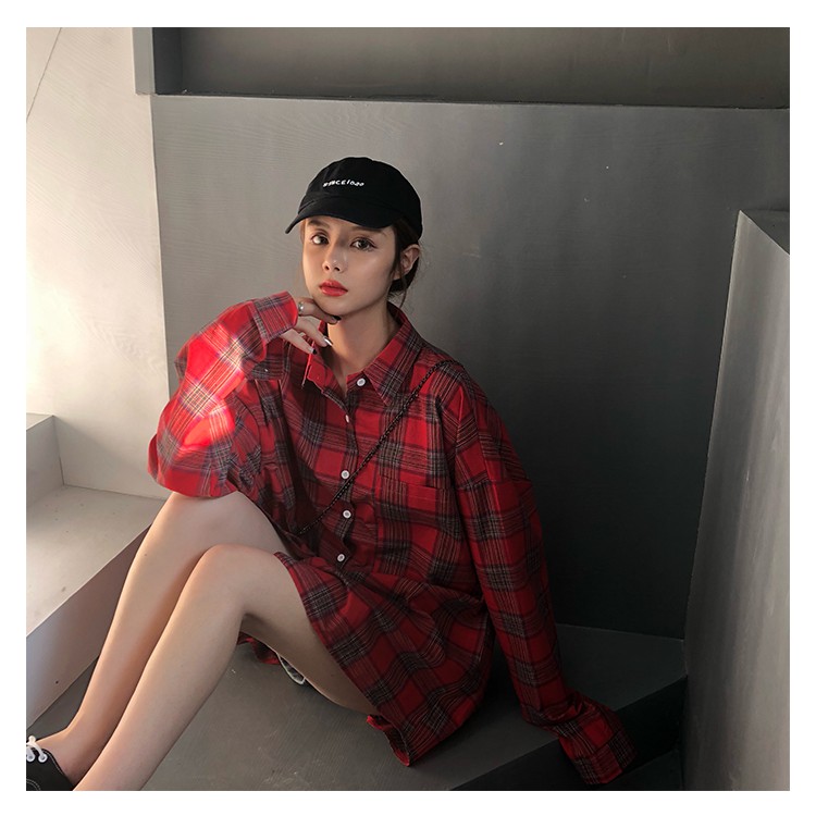 SUXI Áo sơ mi caro dáng rộng thời trang cho nữ