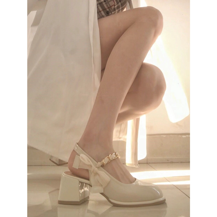 Giày Sandal Cao Gót Đế Dày Đính Nơ Xinh Xắn Thời Trang