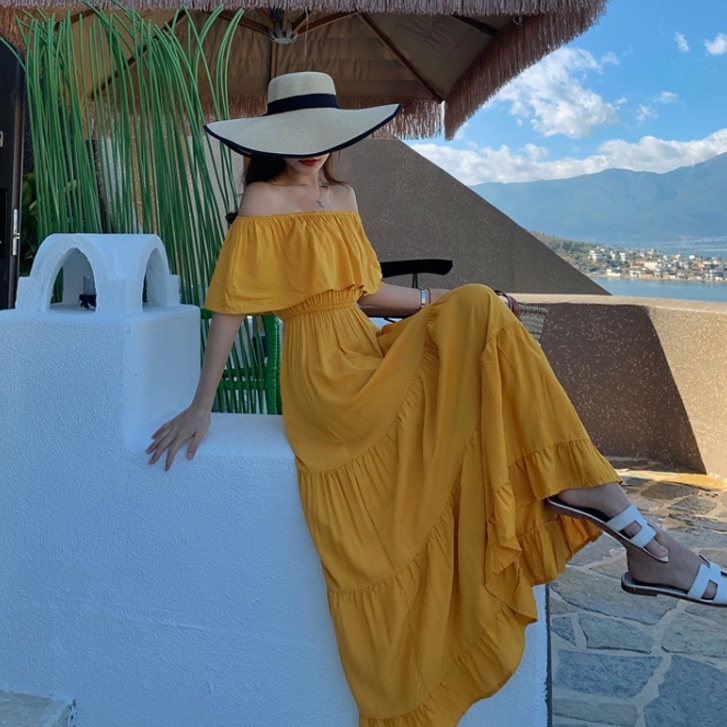 Váy trắng trễ vai bèo dáng dài maxi đi biển bikini , đầm chun eo dáng xoè chụp kỷ yếu dự tiệc cưới 8885 DK1T103