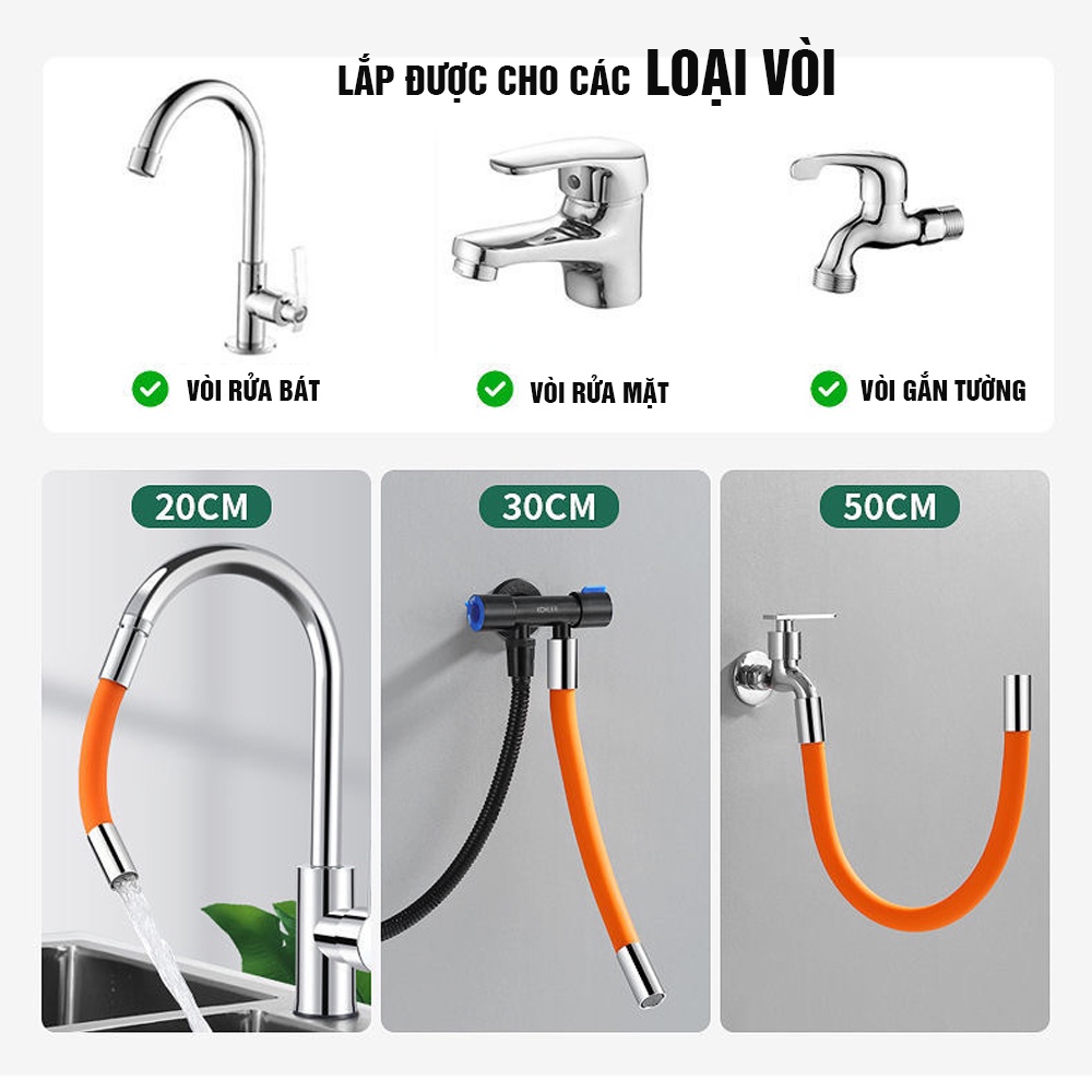 Vòi nước nối dài uốn cong 720 độ chống tung tóe 20cm, 30cm, 50cm, màu Vàng, Đen, Trắng Minh House