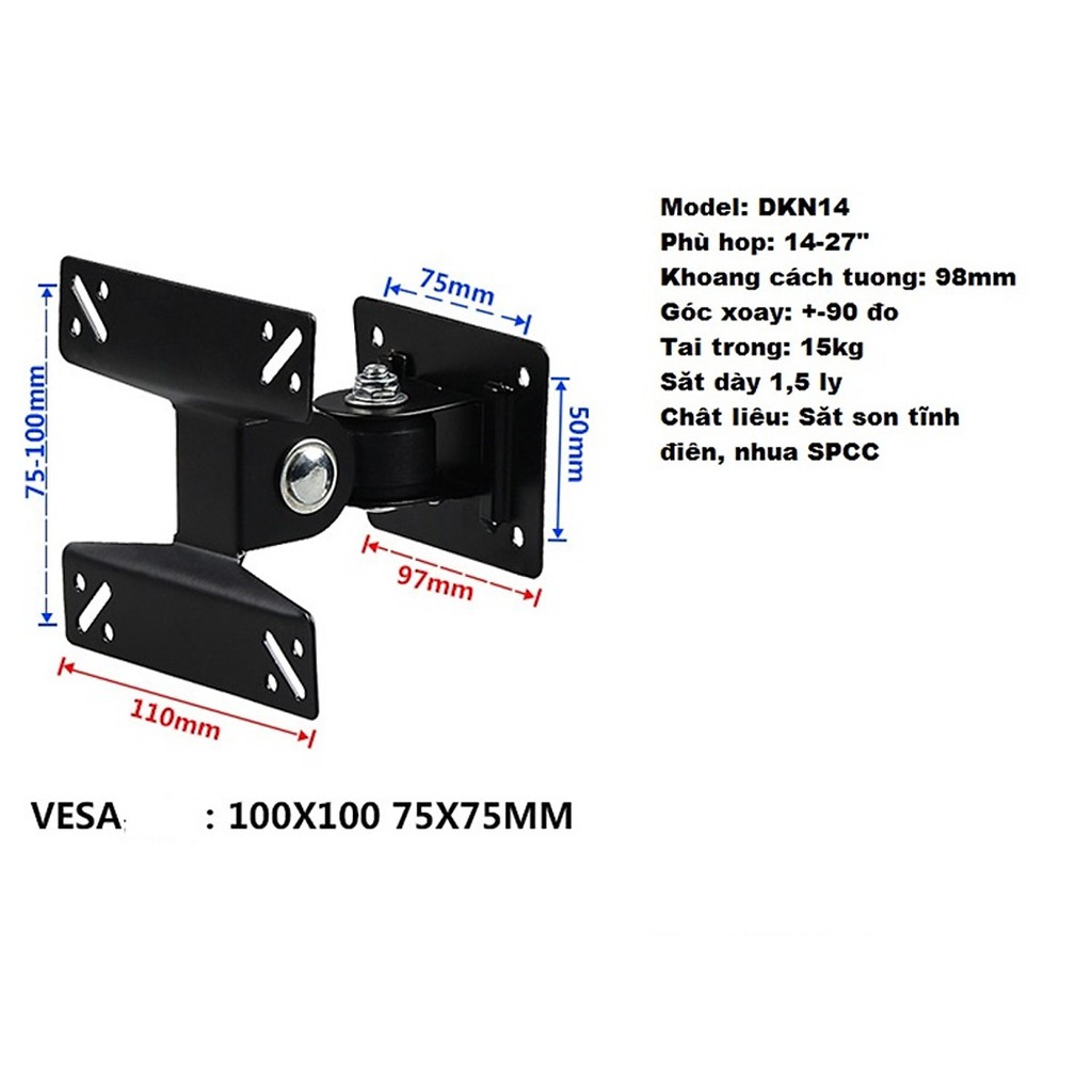 Giá treo màn hình máy tính xoay góc 14-27&quot; đa năng, gật gù DKN14