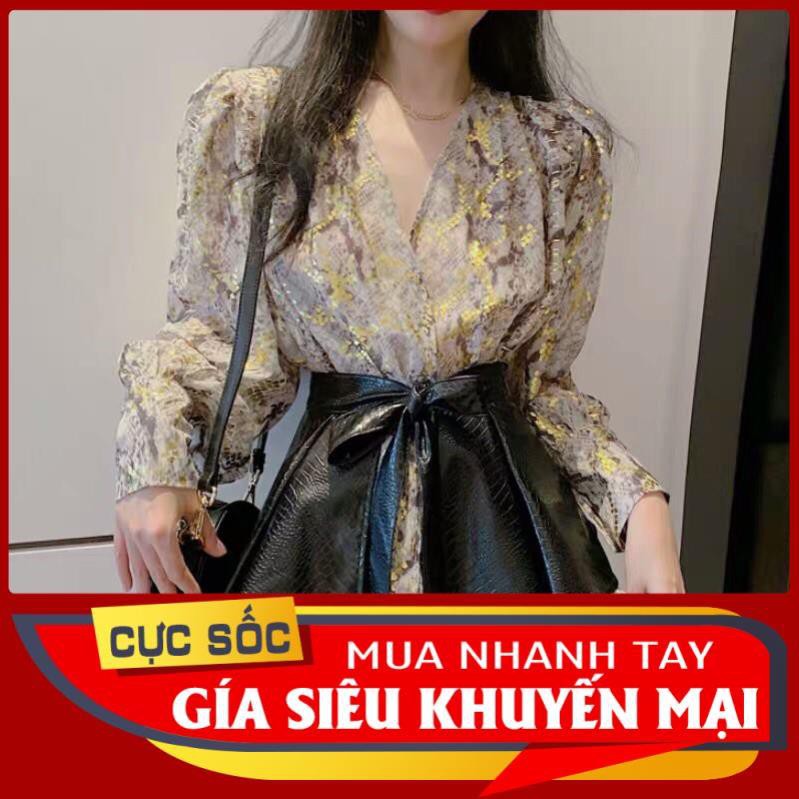 CHÍNH HÃNG 100% ODER ODER Áo sơmi nữ tay dài hoạ tiết rằn ri rắn lụa mỏng form rộng tay phồng BAO RE