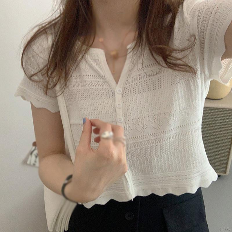 Áo croptop dệt kim tay ngắn cổ chữ v màu sắc đơn giản phong cách Hàn Quốc cho nữ