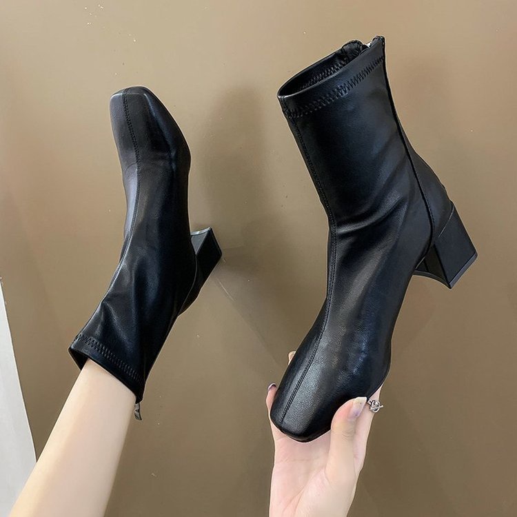 Giày boot chiến binh cao gót da trơn dây kéo sau cao cấp B19