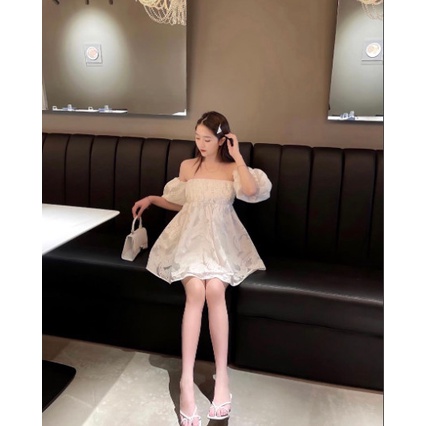 Sét Đầm Trễ Vai Họa Tiết 3D Phong Cách Nhẹ Nhàng Kèm Quần