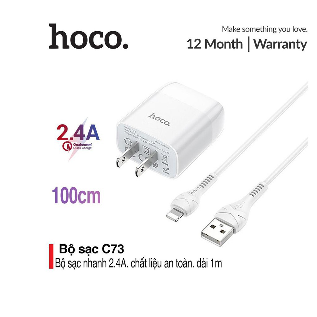 Bộ sạc nhanh 2.4A Hoco C73 trang bị 2 cổng Usb kèm dây cáp Lightning dài 1M cho iPhone/iPad