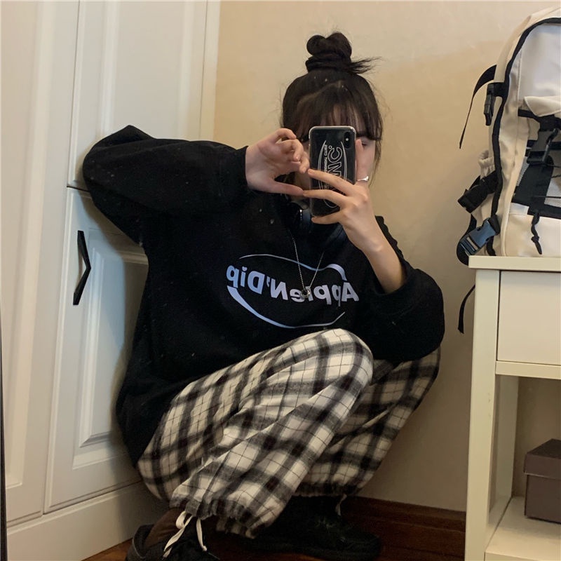 【ZHELIHANGFEI】Áo Thun Nỉ Tay Dài Dáng Rộng In Chữ Trẻ Trung Năng Động Hợp Thời Trang