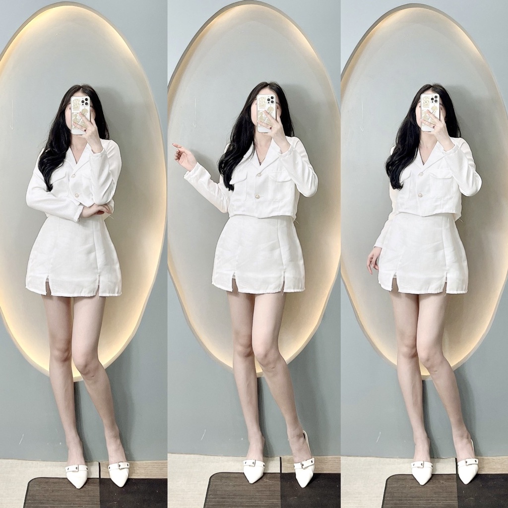 Set váy nữ áo cổ vest dáng croptop mix váy lót quần chất linen xịn thời trangI Trần hân Shop 4012422