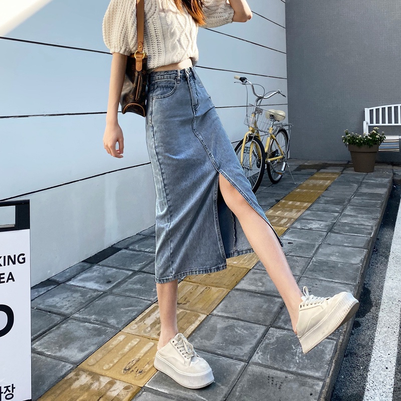 Chân Váy Midi Chữ A Eo Cao Xẻ Tà Retro Hàn Quốc Mới Mùa Hè Cho Bạn Gái