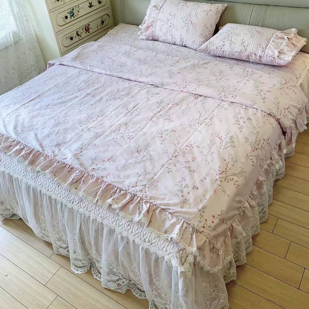 Set 4 món vỏ chăn ga gối cotton phủ bèo ren công chúa