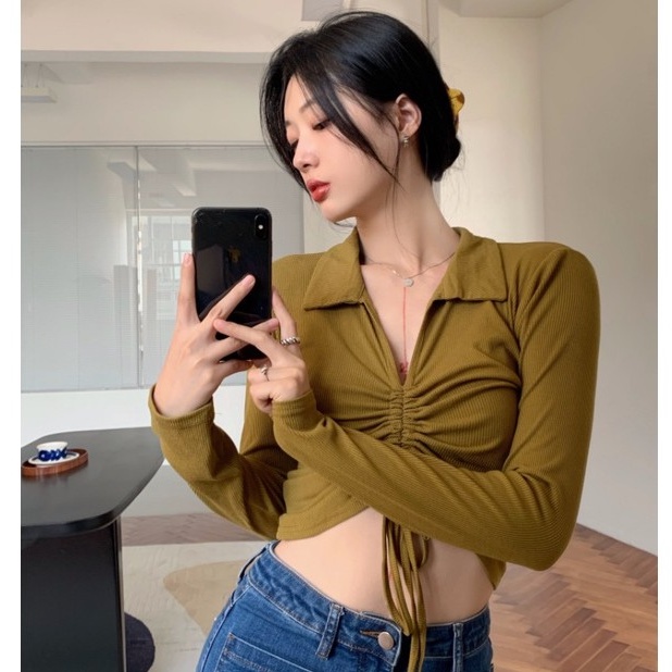 QADCOL Áo lửng tròng đầu tay dài dáng ôm phối dây rút hợp thời trang