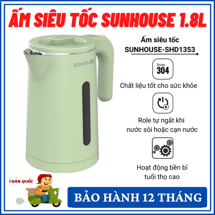 Ấm Siêu Tốc Sunhouse , Bình Siêu Tốc INOX 2 Lớp Cao Cấp Đun Nước Siêu Nhanh Hàng Chính Hãng - Bảo Hành 12 Tháng