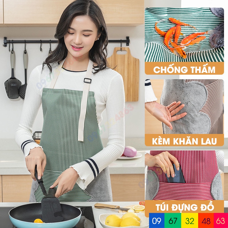 Tạp dề kẻ hoa có khăn lau tay bên hông, tạp dề chống thấm nước, tạp dề chống nước