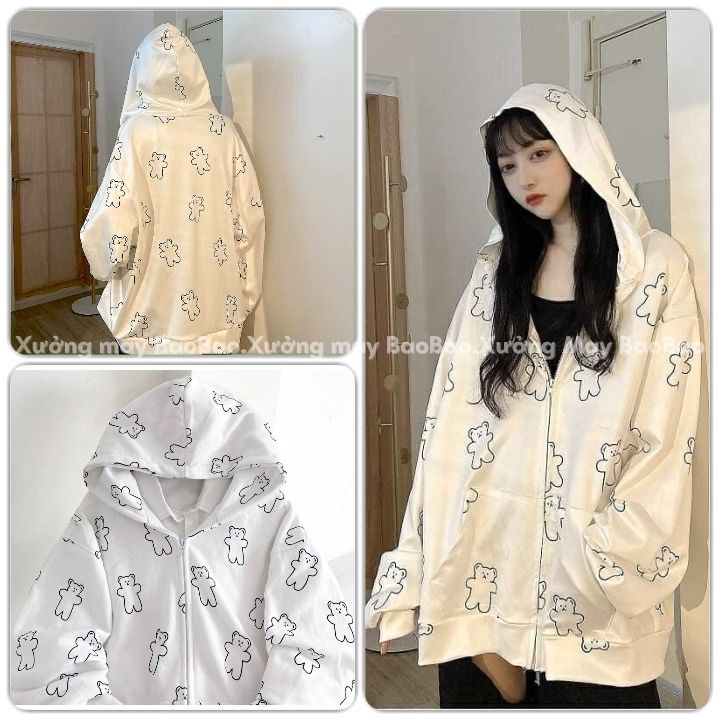 Jacket hoodie có mũ, nỉ hot hit tay bồng form rộng trẻ trung năng động màu trắng