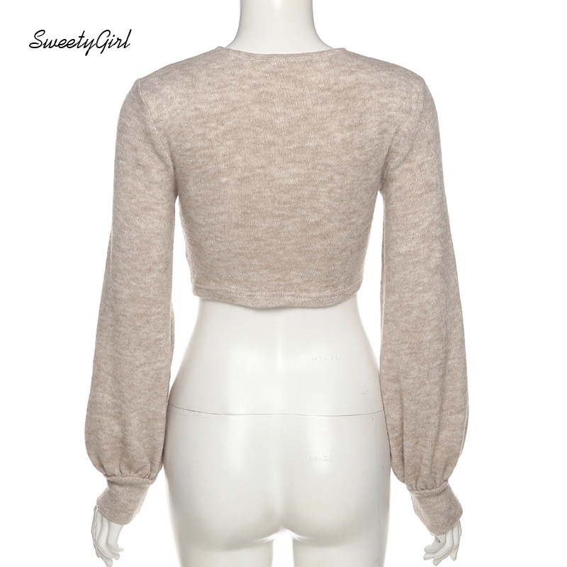 Áo croptop dệt kim tay dài cổ chữ V màu trơn thời trang cho nữ