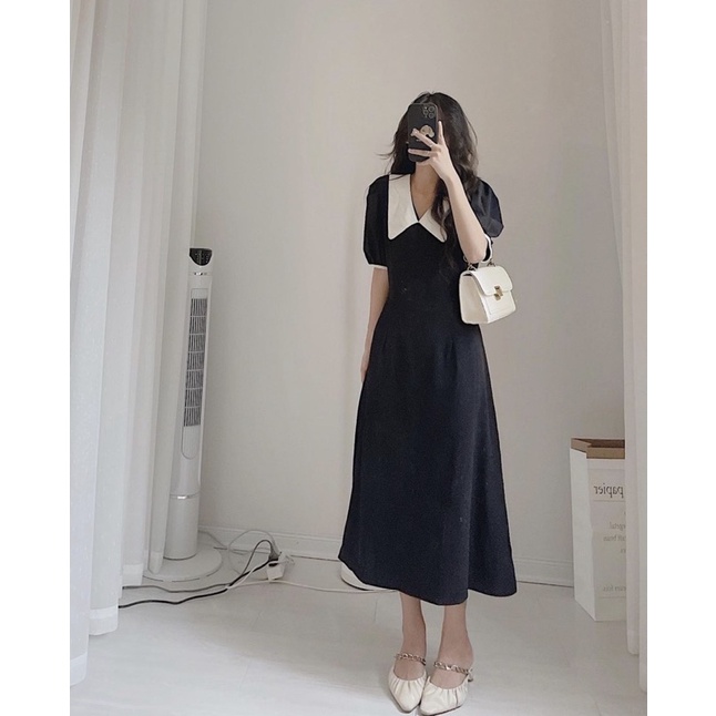 Đầm midi phối cổ trắng