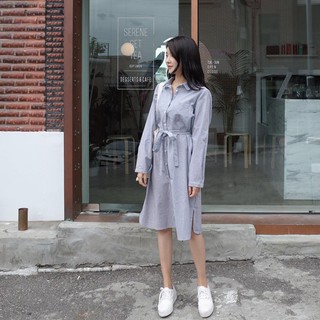 [Ảnh Thật] Váy Dáng Dài Sơ Mi Xẻ Tà Kẻ Sọc Buộc Dây Lưng