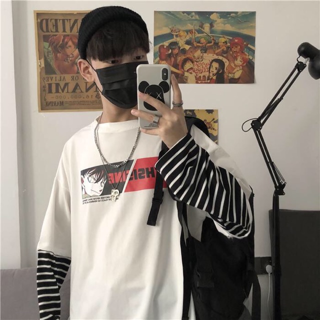 Áo thun tay dài nam nữ form rộng 2N Unisex phông cotton in hình conan phối tay màu trắng/đen