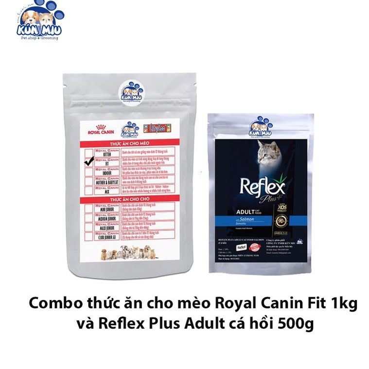 combo thức ăn cho mèo royal canin Fit 1kg và reflex plus adult cá hồi 500g