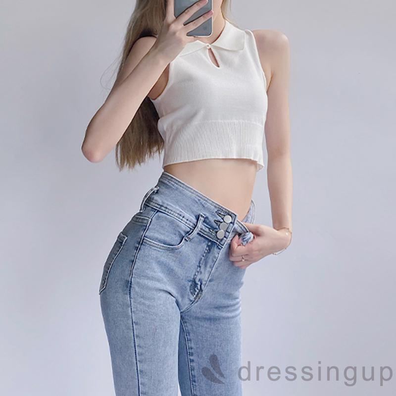 Áo Không Tay Màu Trơn Phối Một Hàng Nút Thời Trang Mùa Hè Cho Nữ