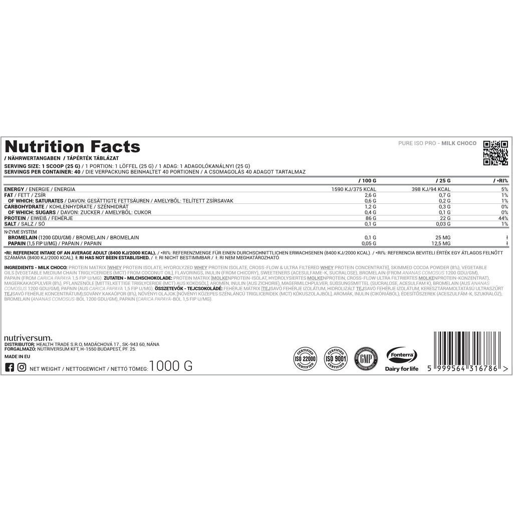 Wheyprotein isolate ISO PRO NUTRIVERSUM, sữa tăng cơ, chứa 3 Enzyme chuyển hóa, 1kG/40 lần dùng