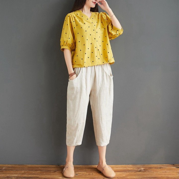 Bộ đũi nữ mặc nhà, quần lửng áo tay lỡ chấm bi, Hàng đẹp loại 1