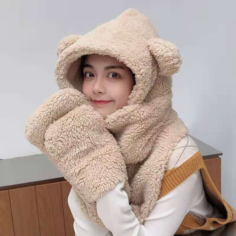 Mũ lông tai gấu kèm khăn quàng cổ bao tay 3 trong 1 cho mùa đông ấm áp