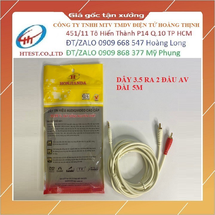 Dây 3.5 ra 2 đầu AV dài 5m, ĐỒNG NGUYÊN CHẤT - Hàng chính hãng
