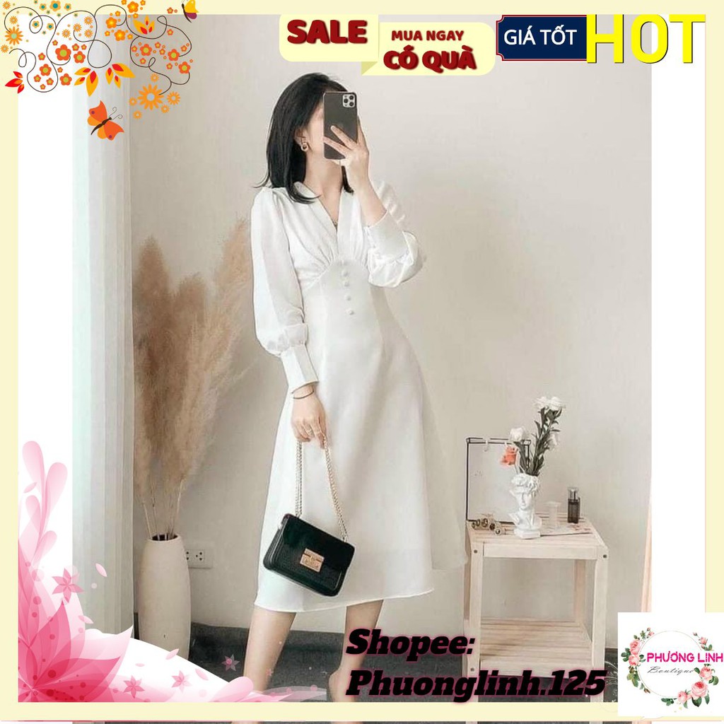 [Mã FAGREEN1505 giảm tới 30K đơn 99K] VÁY TRẮNG CỔ V PHỐI XỐP CÚC BỌC | BigBuy360 - bigbuy360.vn