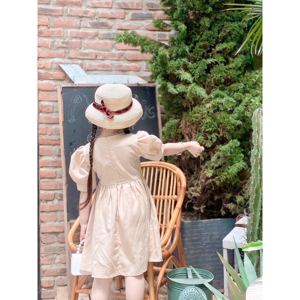 Váy đầm thiết kế vintage cho bé gái từ 8-32kg chất linen bột màu be mềm mịn mát