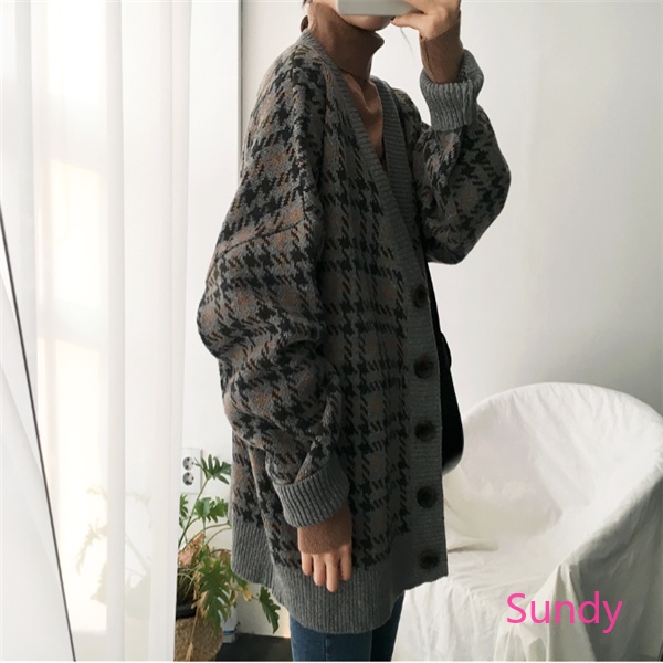 Áo khoác sweater dệt kim cổ chữ V phong cách Hàn Quốc retro cho nữ